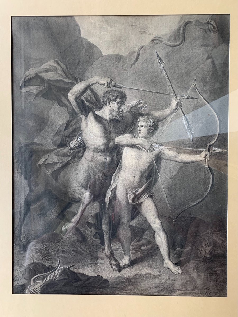 Lavis d'Encre Signé De 1801: l'éducation d'Achille Par Le Centaure Chiron, Entourage  Regnault JB. -photo-2
