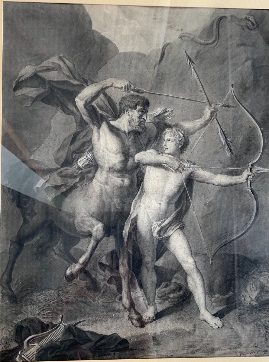 Ink Wash Signed From 1801: The Education Of Achilles By The Centaur Chiron, Entourage Regnault.-photo-3