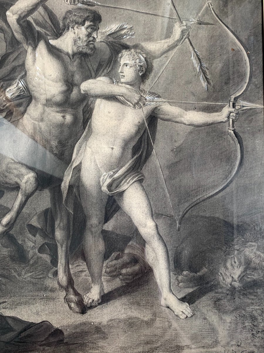 Lavis d'Encre Signé De 1801: l'éducation d'Achille Par Le Centaure Chiron, Entourage  Regnault JB. -photo-1