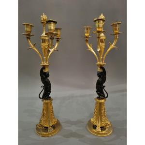Pair Of Candelabra With Winged Sphinxes From The Empire-consulate Period. 