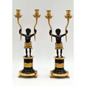 Deverberie, Pair Of Candelabra "to The Good Savages", Directory-consulate Period. 