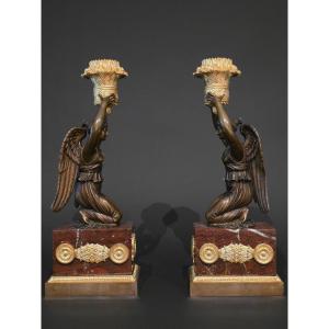 Pierre Chiboust, Pair Of Candlesticks Signed With Winged Victory Figures, Empire Period.