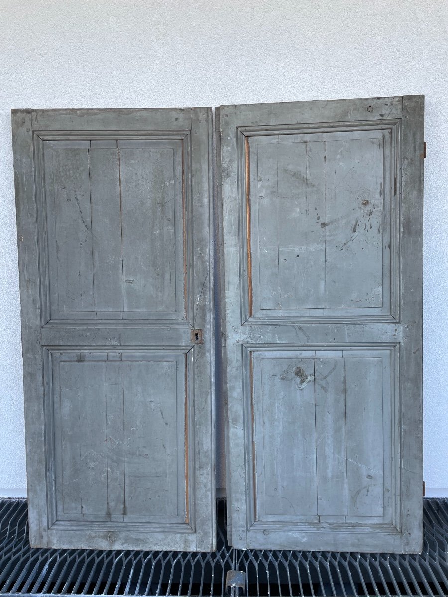 Old Woodwork Element Pair Of Low Patinated Doors For Cupboard Decoration