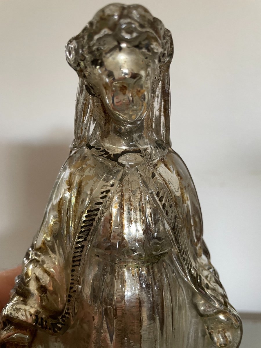 Ancienne Vierge En Verre églomisé Ou Au Mercure époque Début Du XIX Eme Siécle-photo-4