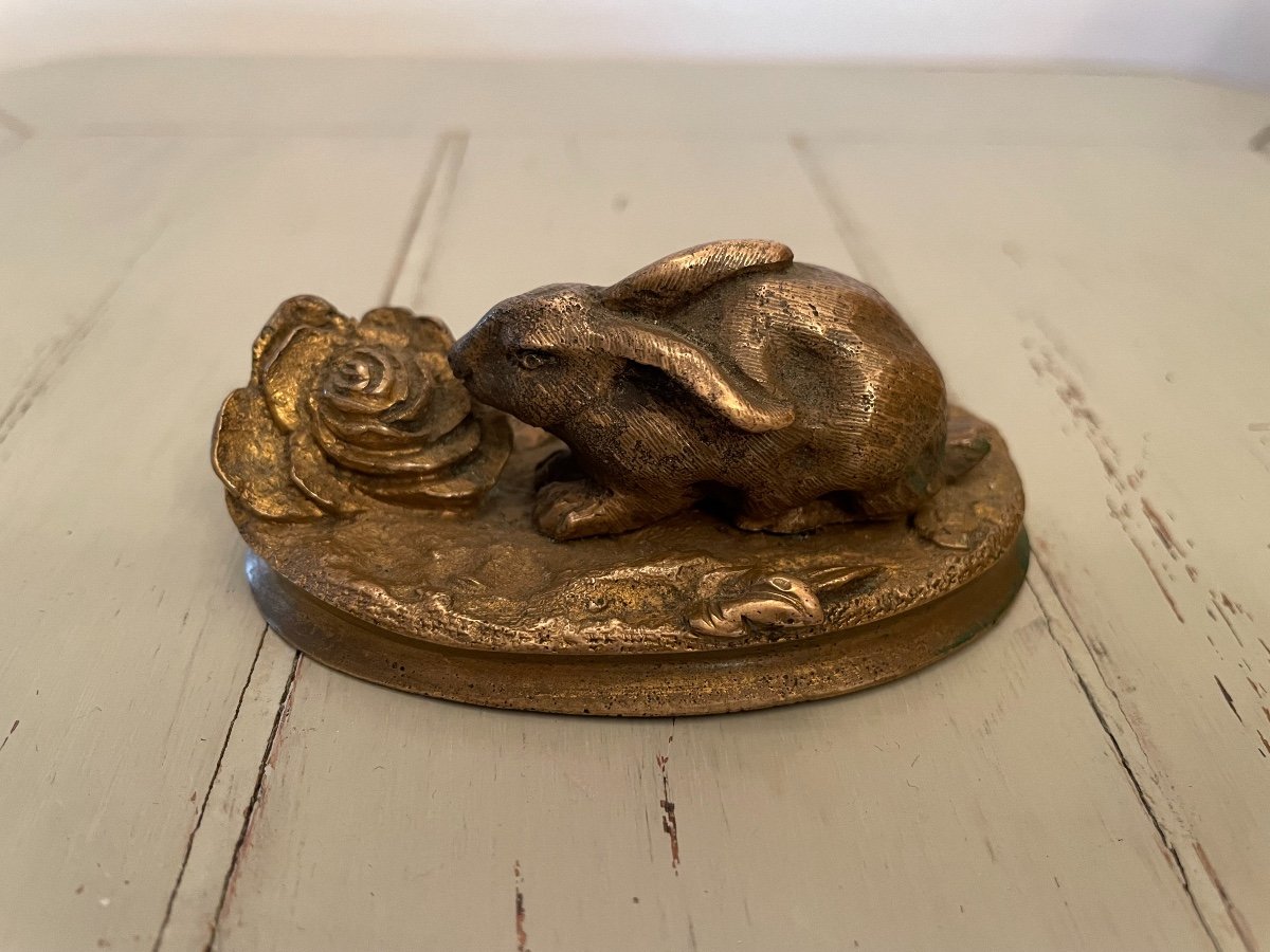 Statue Subject Small Animal Bronze: The Rabbit And The Cabbage Epo. XIX Century Showcase Collection-photo-3