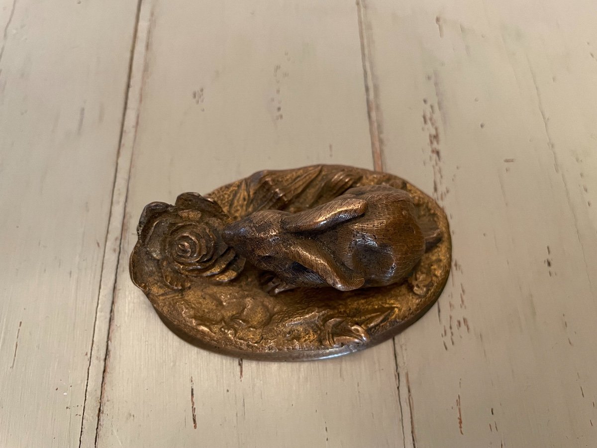 Statue Sujet Petit Bronze Animalier : Le Lapin Et Le Choux épo. XIX  Siècle Collection Vitrine-photo-2