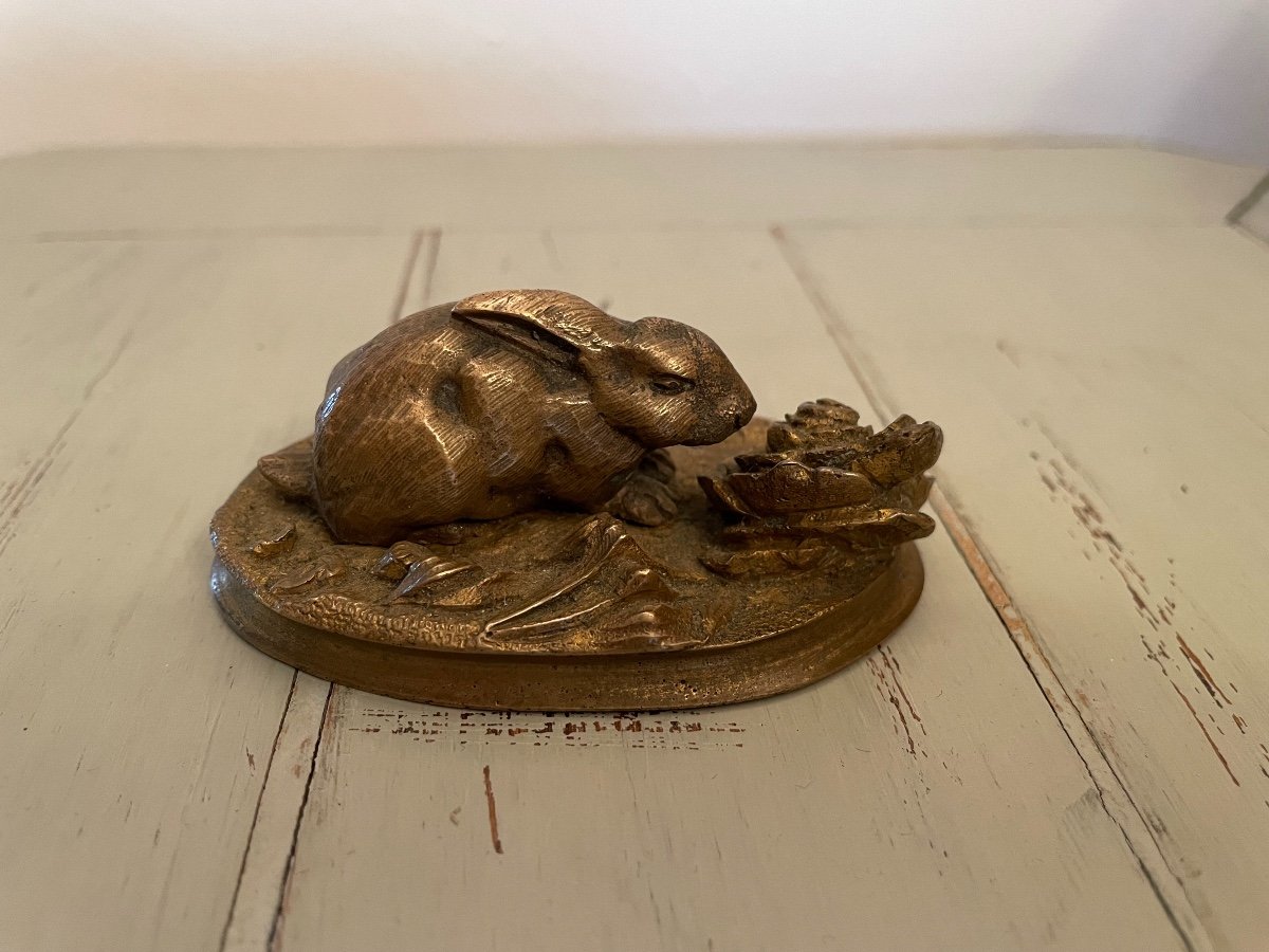 Statue Sujet Petit Bronze Animalier : Le Lapin Et Le Choux épo. XIX  Siècle Collection Vitrine
