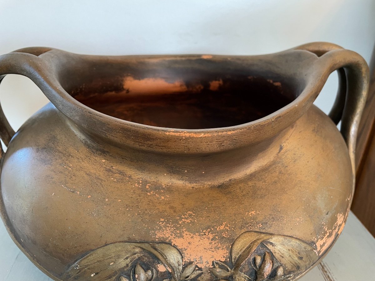 Old Ceramic Terracotta Planter Vase By Henri Laurent-desrousseaux Art Nouveau-photo-3