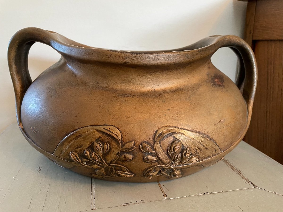 Ancien Vase Jardinière En Terre Cuite Céramique d'Art De Henri Laurent-desrousseaux Art Nouveau