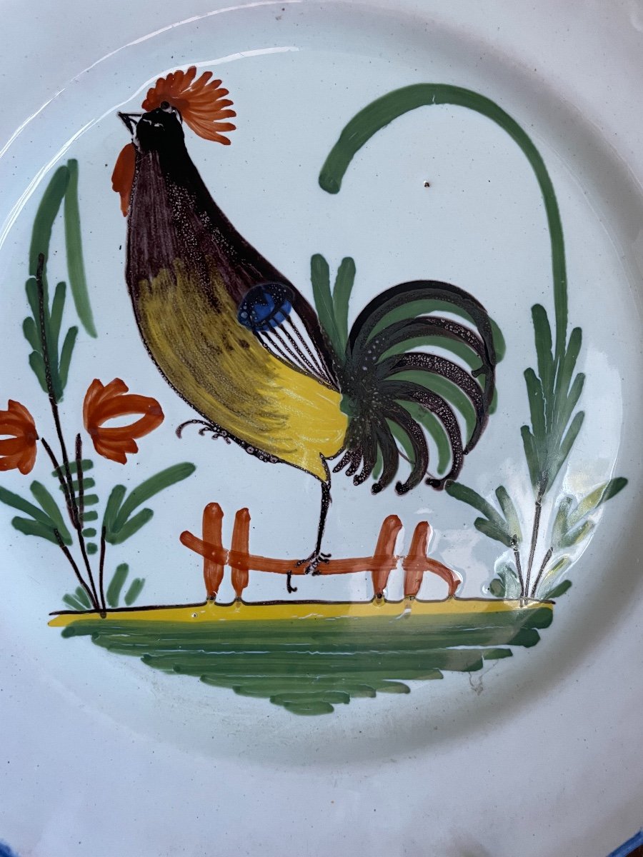 Old Rooster Plate In Waly Faience Epoque XIX Eme Century Perfect Condition-photo-6