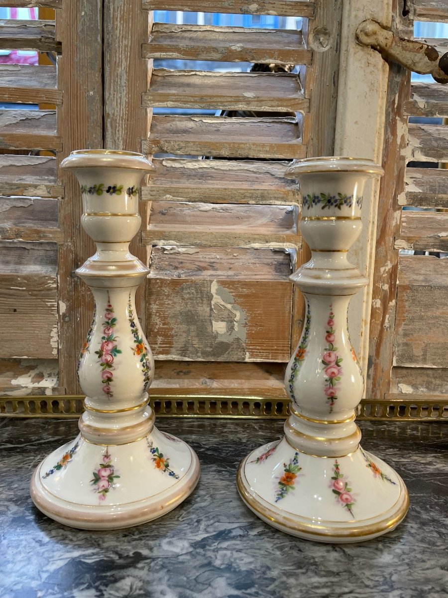 Old Pair Of Paris Porcelain Candlesticks With Old Floral Decor Mid XIX Eme