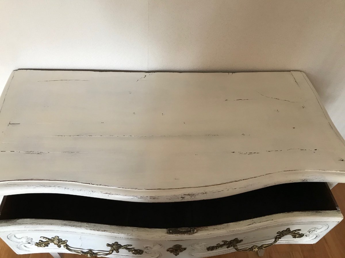 Commode époque Louis XV Du XVIII ème Siècle Dite Perruquière Ancienne En Chêne Patiné Blanc-photo-7