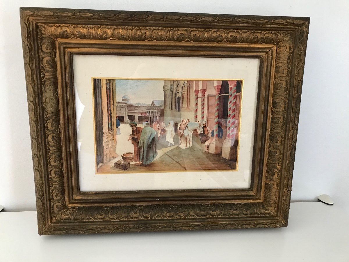 Old Orientalist Table End XIX Beginning XX Th In Watercolor Monogrammed And Dated