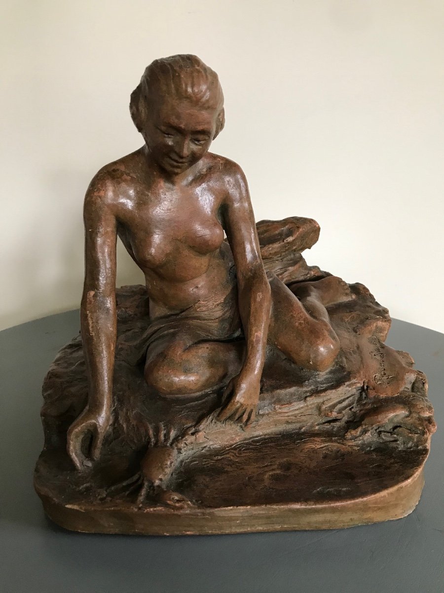 Old Terracotta Statue Signed By Raoul Dussol Art Deco Period 1930: The Crab Woman