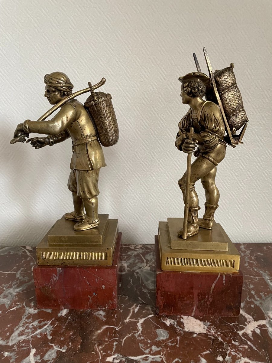 Paire De Statues Bronze Doré Montées Sur Socle Marbre : Les Colporteurs Début XIXeme Siècle -photo-2