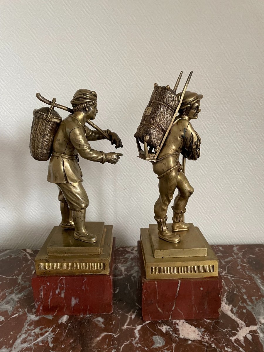 Paire De Statues Bronze Doré Montées Sur Socle Marbre : Les Colporteurs Début XIXeme Siècle -photo-4