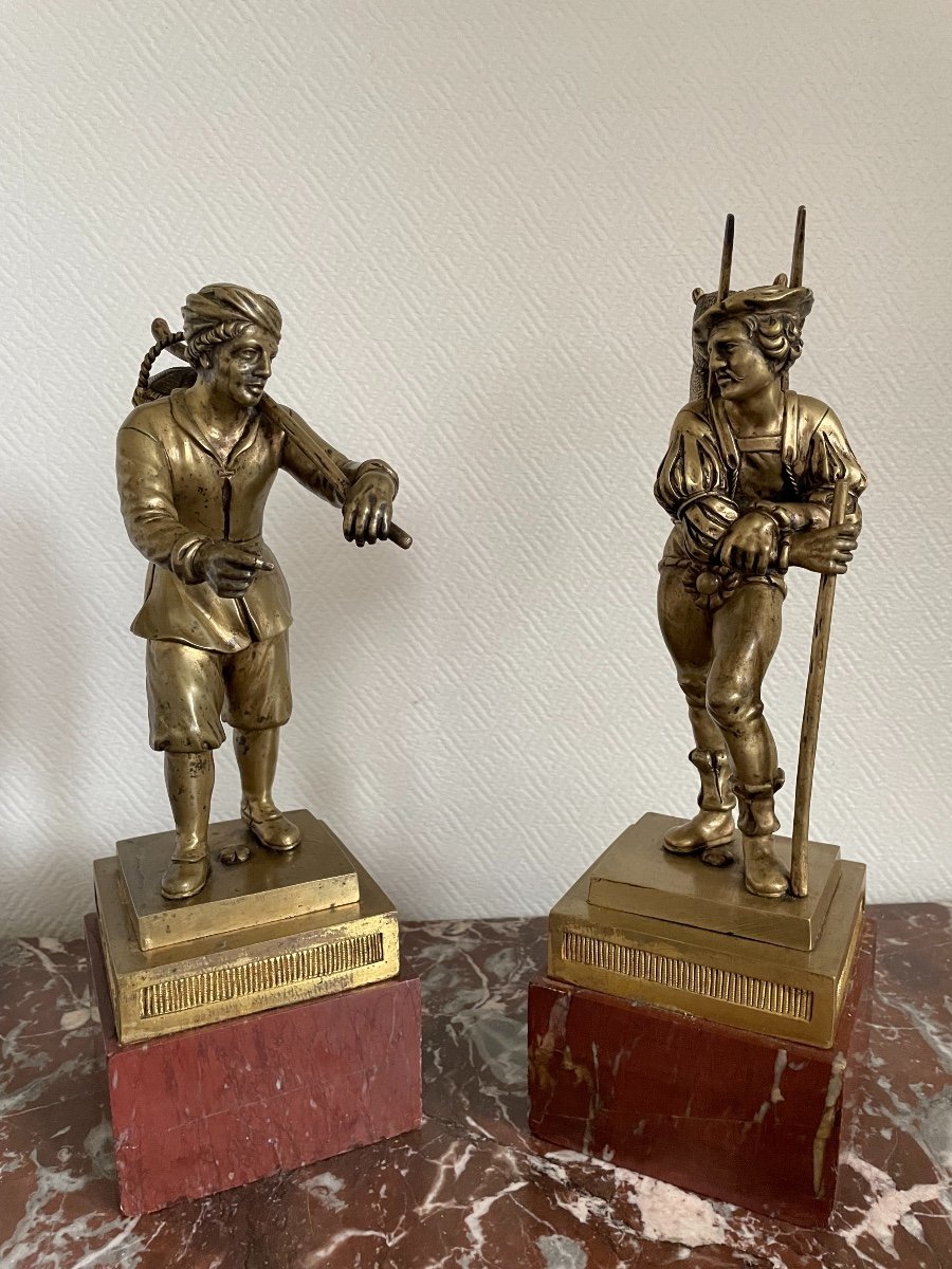 Paire De Statues Bronze Doré Montées Sur Socle Marbre : Les Colporteurs Début XIXeme Siècle 
