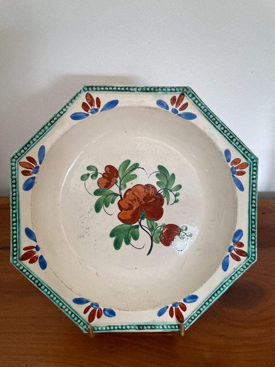 Ancienne Assiette Octogonale Faience Fine d' Aumale XIXème Decor Fleur-photo-1