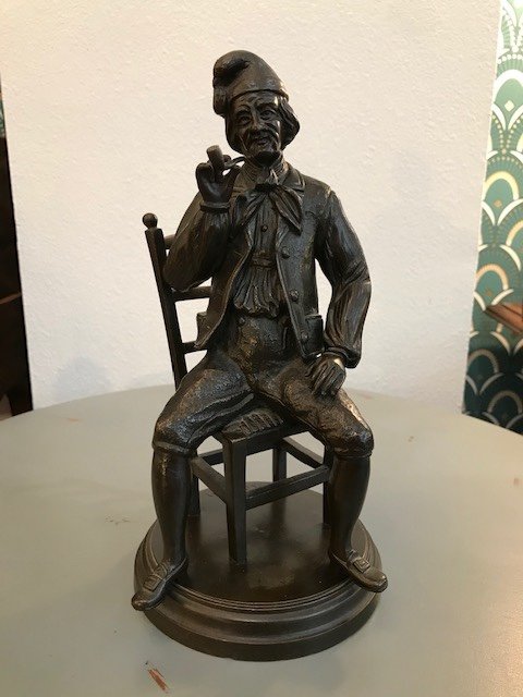Ancienne Statue En Bronze : Le Fumeur De Pipe Signé De Rogron. Epoque XIX ème Siècle