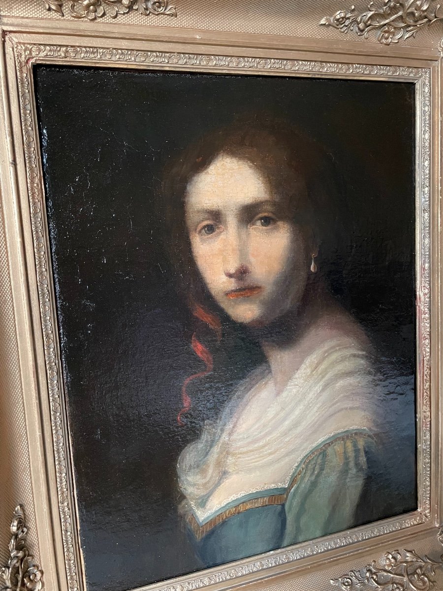 Tableau Ancien Portrait La Femme Au Ruban Rouge , Huile Sur Toile Début Du XIX Eme Hst-photo-3