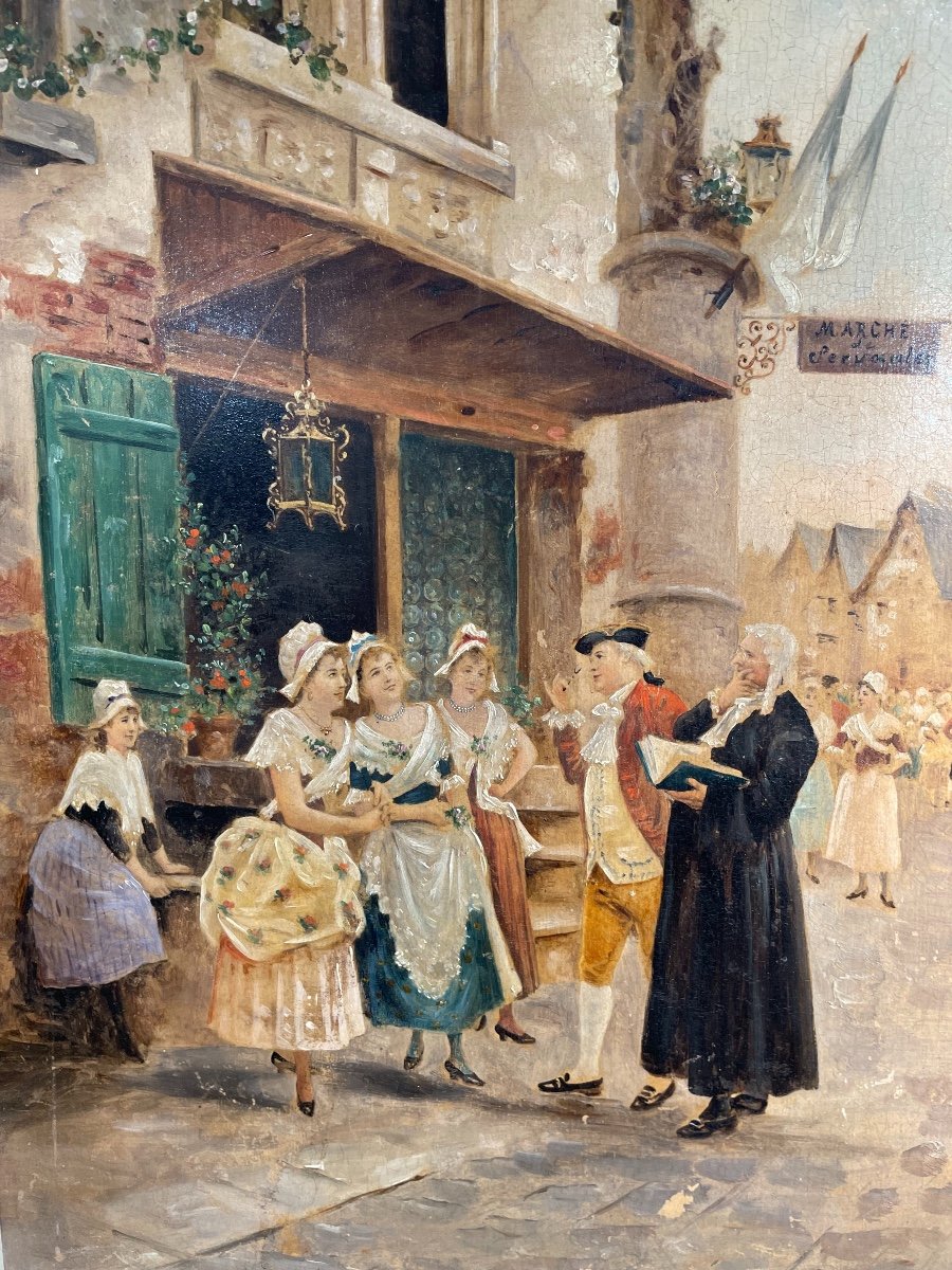 Tableau Ancien Huile Sur Panneau d'Acajou Fin Du XIX Eme, école Espagnole Hsp marché de servantes-photo-3