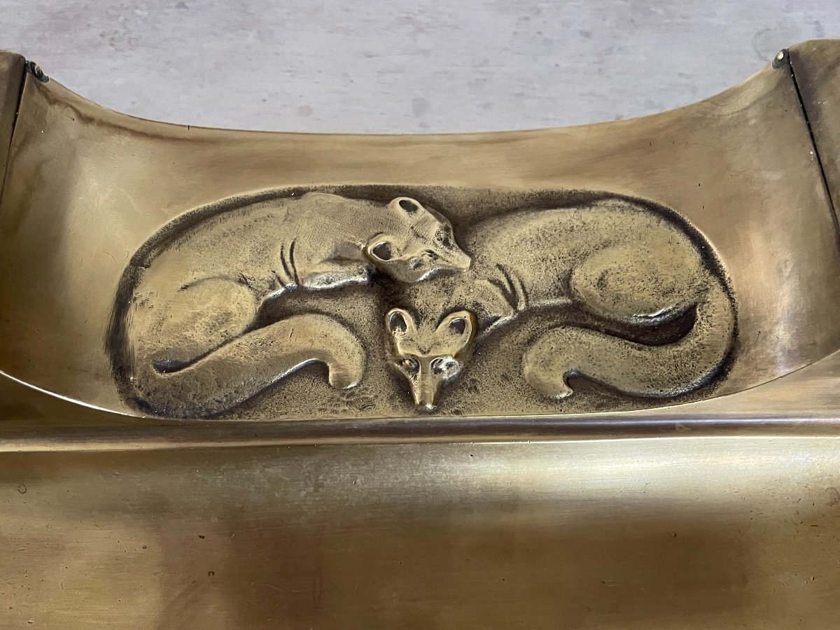 Ancien Encrier En Bronze Doré Art Nouveau Animalier Renard Vers 1920-photo-2