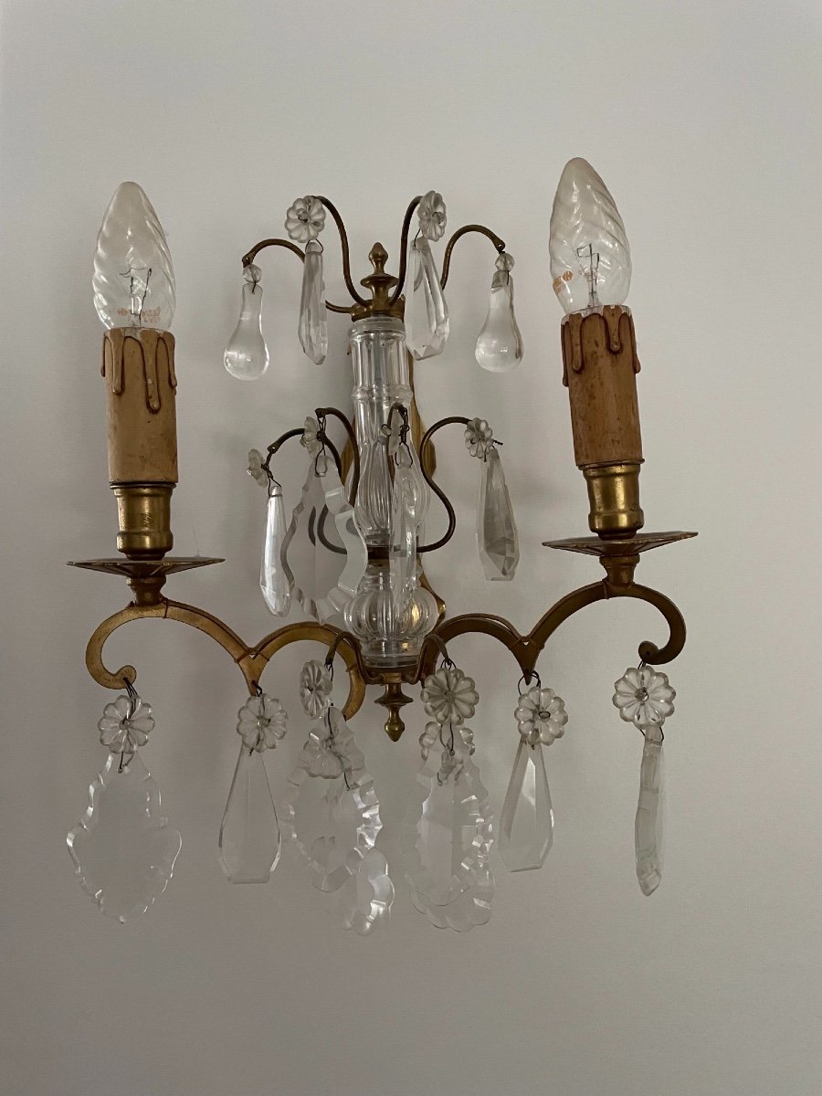 Pair Of Wall Sconces With Pampille And Pendants Early XX Eme In Crystal And Gilt Bronze-photo-3