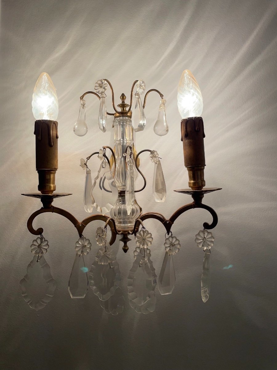 Pair Of Wall Sconces With Pampille And Pendants Early XX Eme In Crystal And Gilt Bronze-photo-4