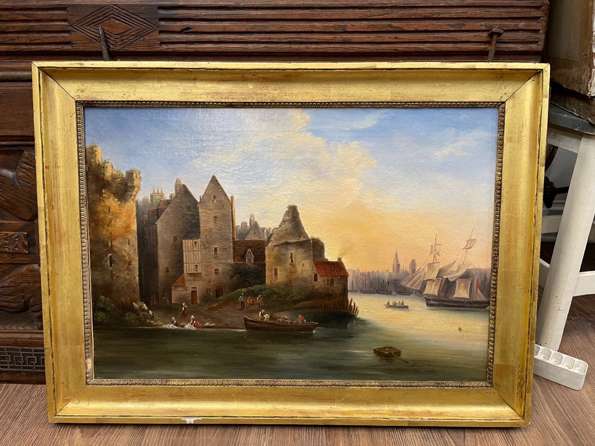 Ancien Tableau Huile Sur Toile Marine Et Lavandières, Début Du XIX ème Siècle -photo-1