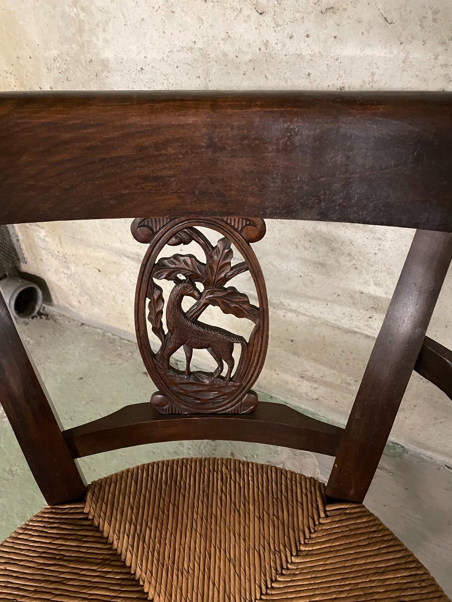 Old Pair Of Straw Armchairs In Carved Wood-photo-3