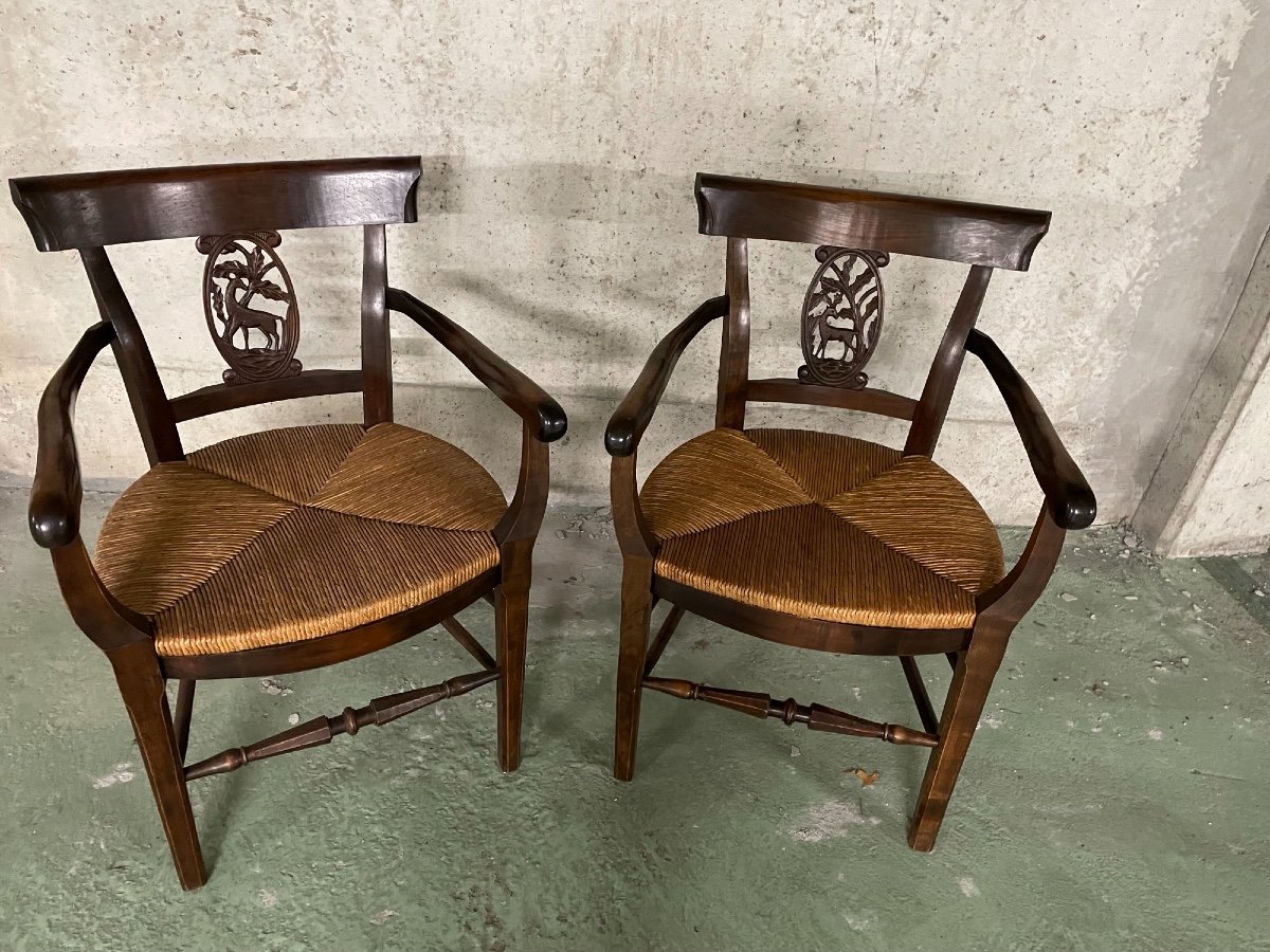 Old Pair Of Straw Armchairs In Carved Wood-photo-4