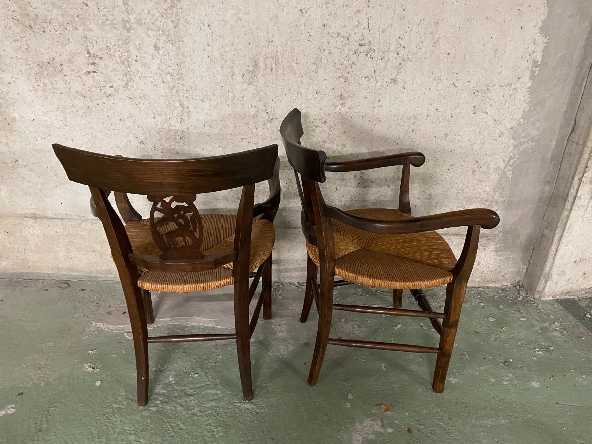 Old Pair Of Straw Armchairs In Carved Wood-photo-8