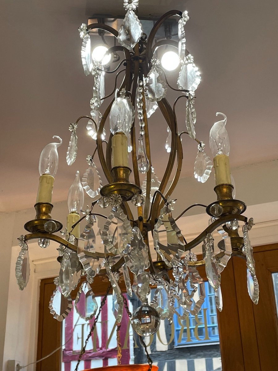 Old Cage Chandelier With Pampilles In Bronze And Crystal, 6 Lights, Beginning Of The 20th Century-photo-2