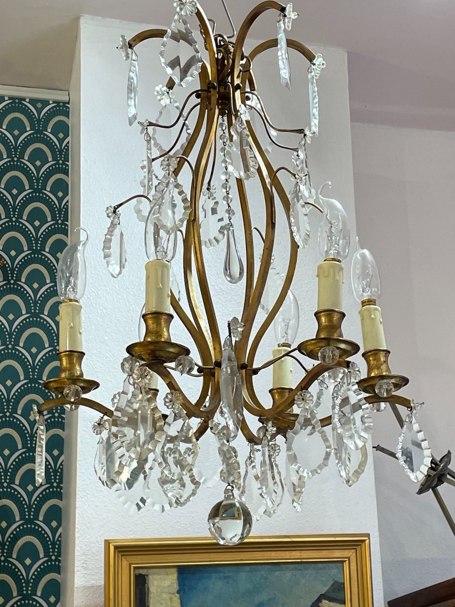 Old Cage Chandelier With Pampilles In Bronze And Crystal, 6 Lights, Beginning Of The 20th Century-photo-3