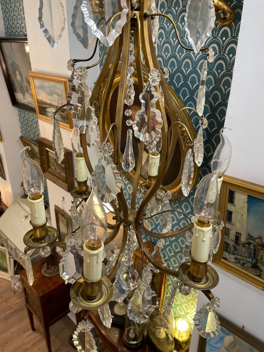 Old Cage Chandelier With Pampilles In Bronze And Crystal, 6 Lights, Beginning Of The 20th Century-photo-6