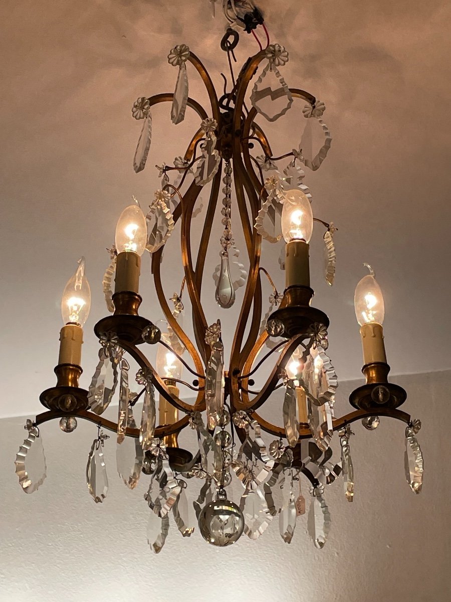 Old Cage Chandelier With Pampilles In Bronze And Crystal, 6 Lights, Beginning Of The 20th Century-photo-8