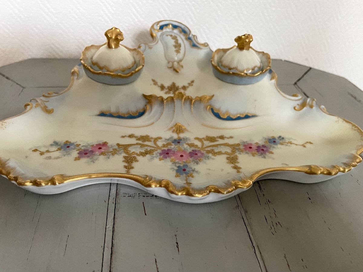 Antique Inkwell In Limoges Porcelain Enhanced With Gold End XIX Eme Century Rocaille-photo-2