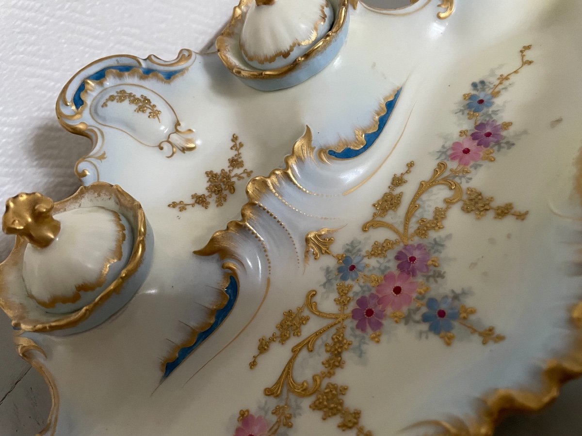 Antique Inkwell In Limoges Porcelain Enhanced With Gold End XIX Eme Century Rocaille-photo-3