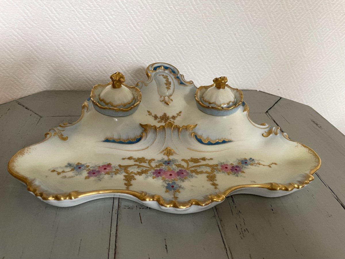 Antique Inkwell In Limoges Porcelain Enhanced With Gold End XIX Eme Century Rocaille-photo-4