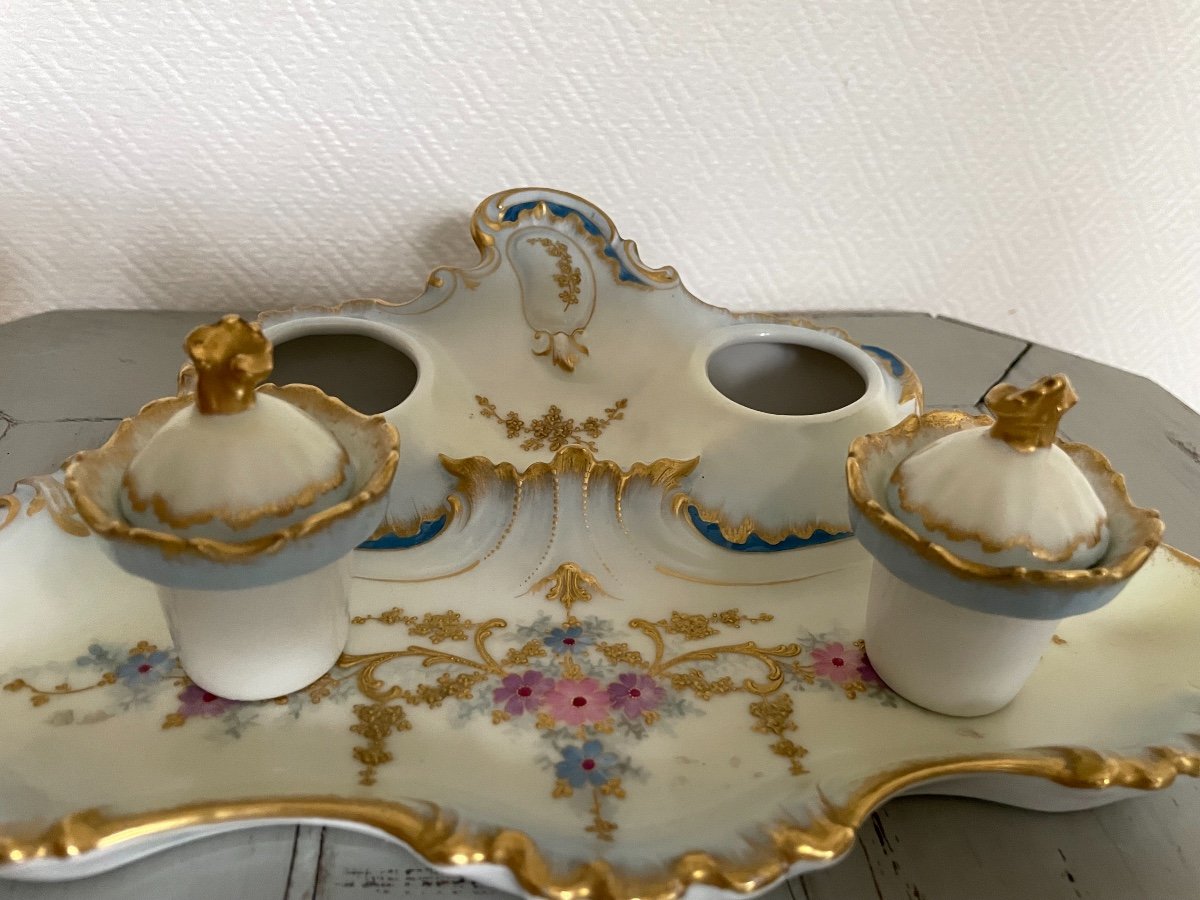 Antique Inkwell In Limoges Porcelain Enhanced With Gold End XIX Eme Century Rocaille-photo-2