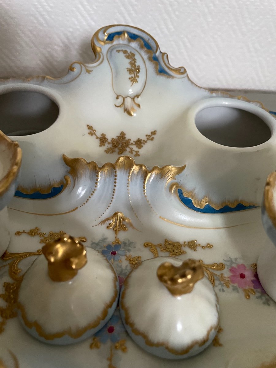 Antique Inkwell In Limoges Porcelain Enhanced With Gold End XIX Eme Century Rocaille-photo-3