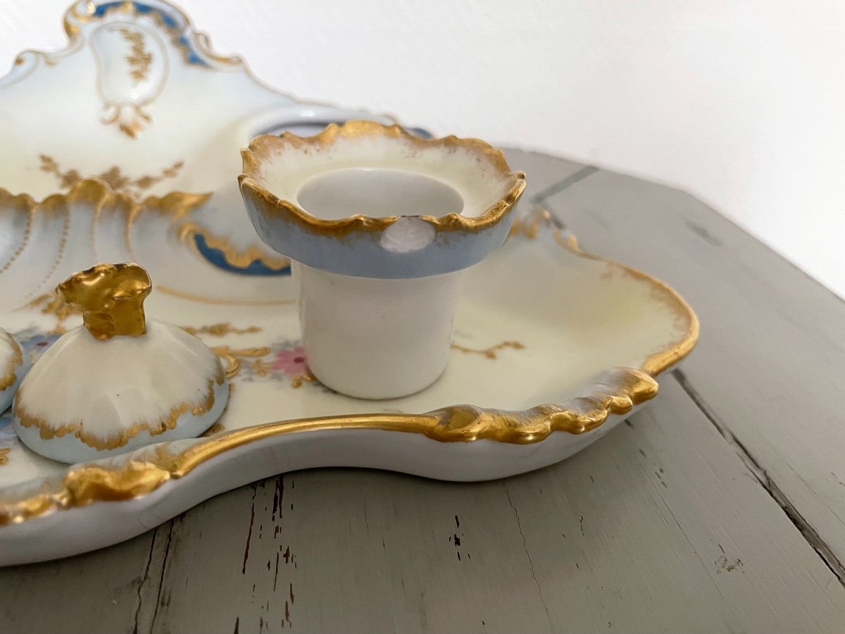 Antique Inkwell In Limoges Porcelain Enhanced With Gold End XIX Eme Century Rocaille-photo-6