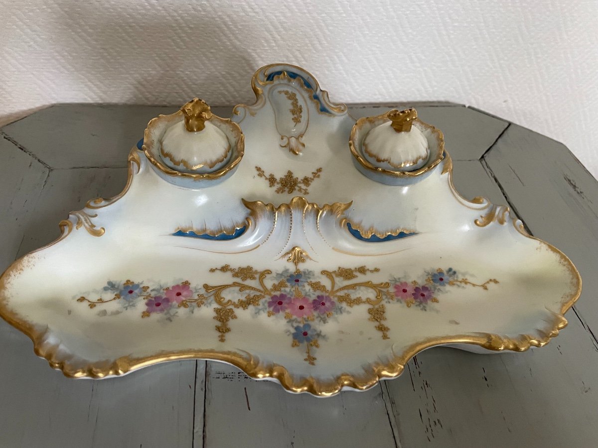 Antique Inkwell In Limoges Porcelain Enhanced With Gold End XIX Eme Century Rocaille