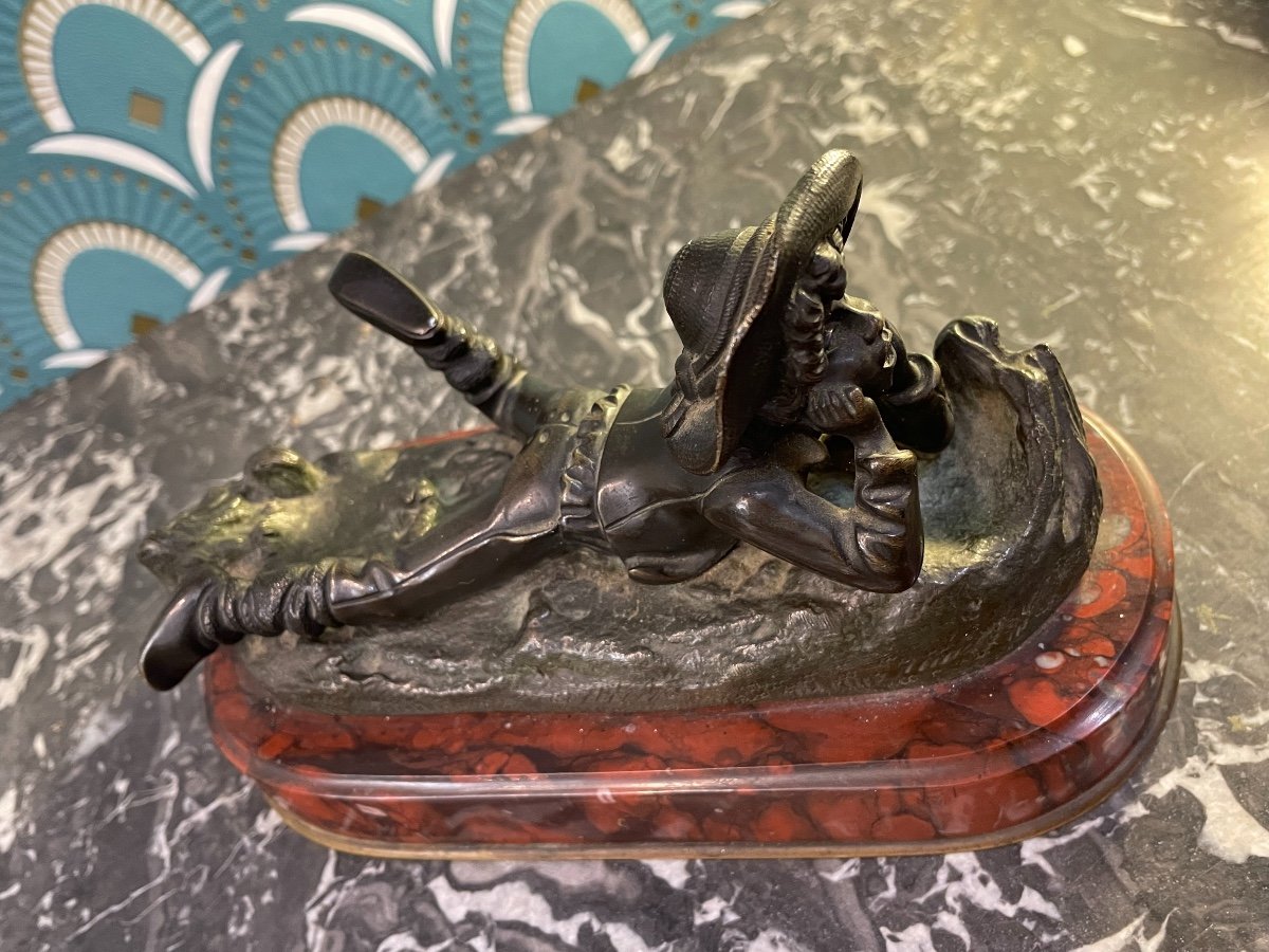 Small Old Bonze The Whistler On A Cherry Marble Base XIX Eme Statue Showcase Collection-photo-4