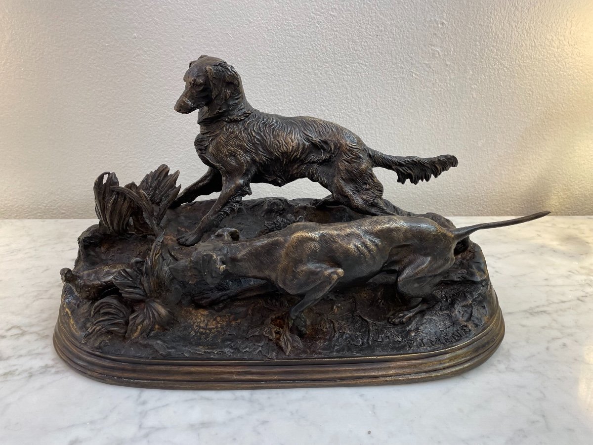Ancien Bronze Animalier La Chasse à La Perdrix Par Pj Mene Statue Groupe pierre-jules Mêne
