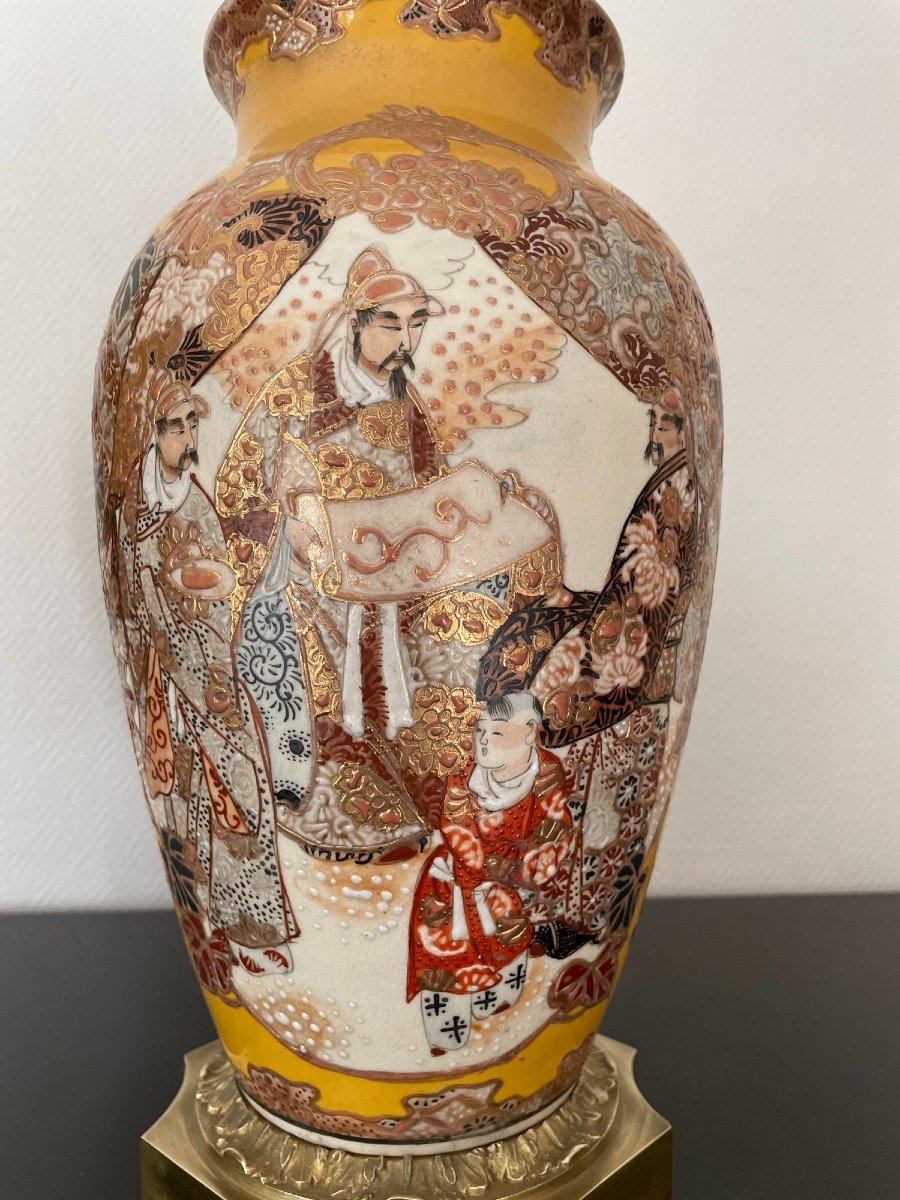 Grande Paire De Vases Monture Bronze Doré Porcelaine Satsuma Japon Circa ère Meiji Ancien Vase -photo-3