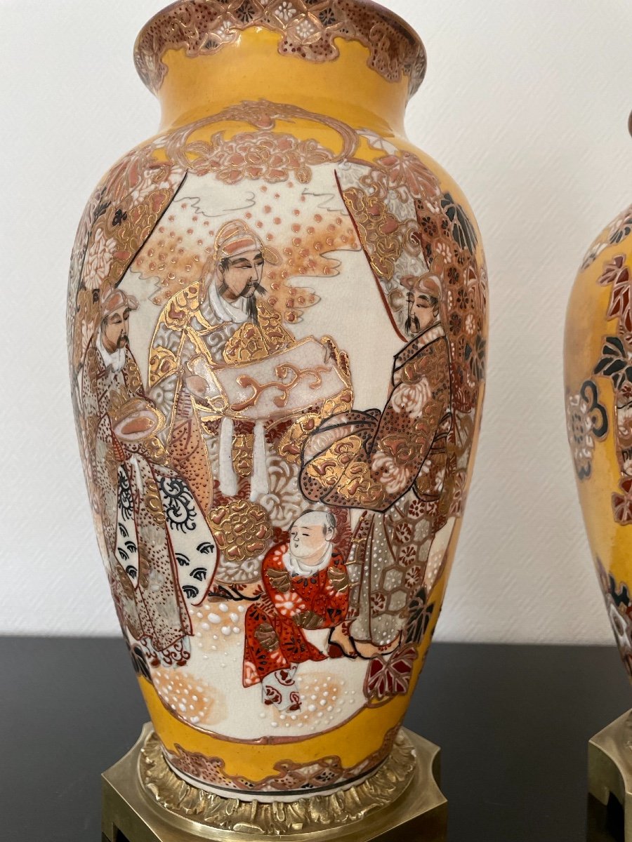 Grande Paire De Vases Monture Bronze Doré Porcelaine Satsuma Japon Circa ère Meiji Ancien Vase -photo-4