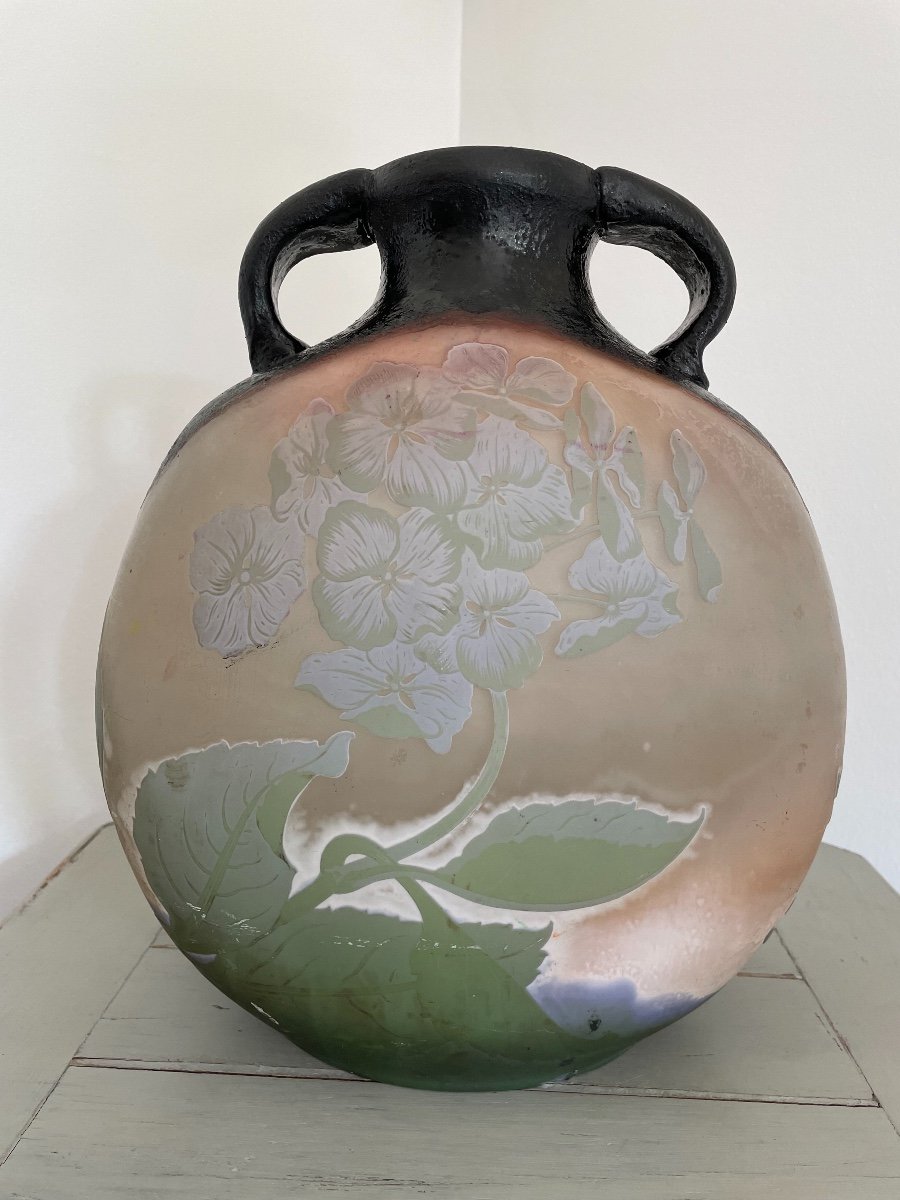 Grand Vase Gourde Signé De Gallé époque Début XX ème Verre Multi Couche hydrangea hortensia-photo-4