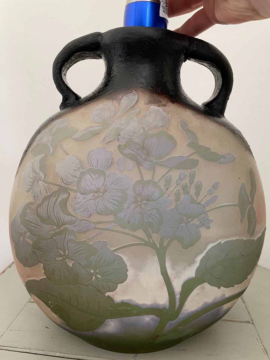 Grand Vase Gourde Signé De Gallé époque Début XX ème Verre Multi Couche hydrangea hortensia-photo-1