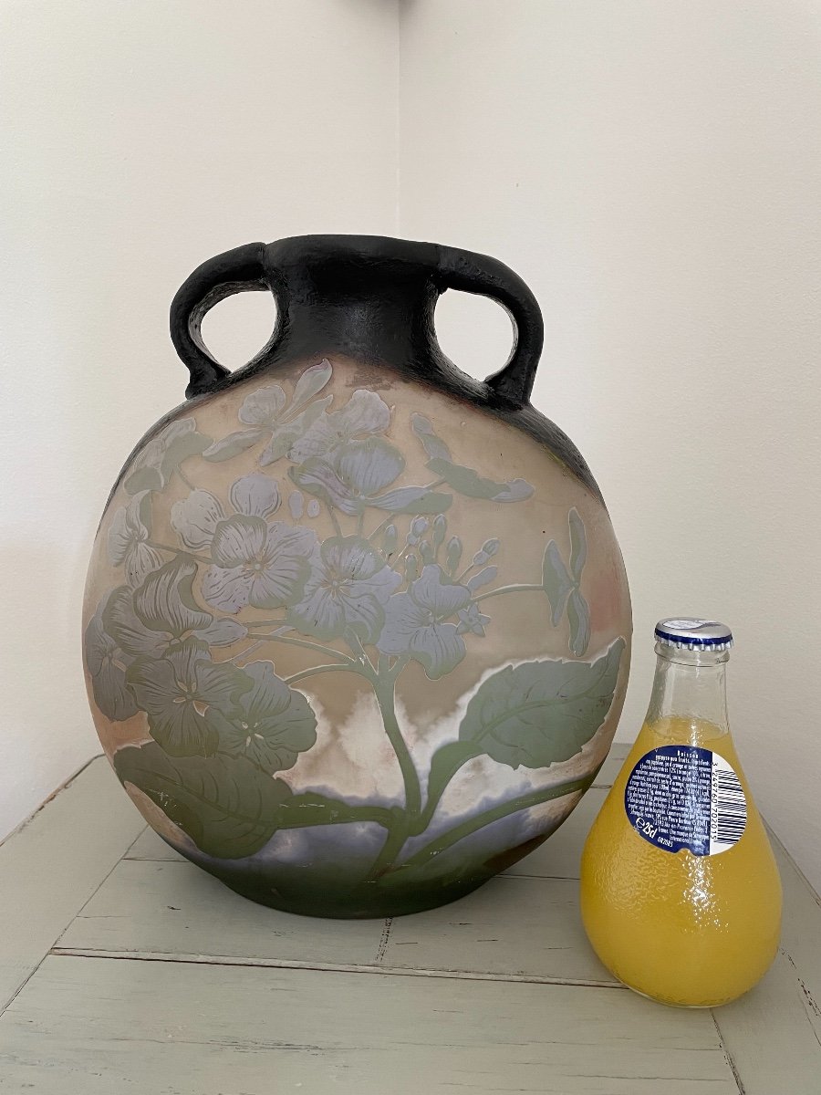 Grand Vase Gourde Signé De Gallé époque Début XX ème Verre Multi Couche hydrangea hortensia-photo-2